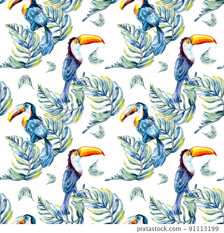 Toucan tropical bird and palm leaves watercolor seamless pattern isolated. 91113199
