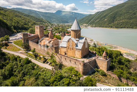 Aerial view of Ananuri Fortress Complex in Georgia 91113488