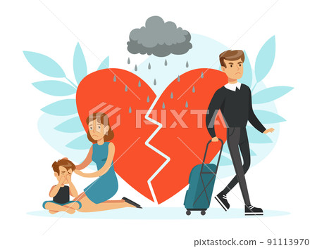 Divorce, Separation and Family Breakdown with Man with Suitcase Leaving Home Vector Illustration 91113970