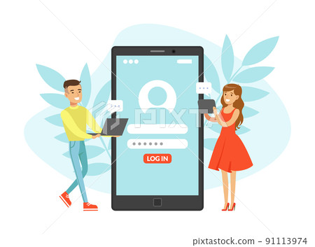 Happy Man and Woman Character Registering or Login Putting Password Entering Internet Dating App Account Vector Illustration 91113974