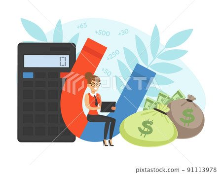 Happy Woman Character with Calculator, Magnet and Sacks with Dollar Banknotes Vector Illustration Happy Woman Character with Calculator, Magnet and Sacks with Dollar Banknotes Vector Illustration 91113978