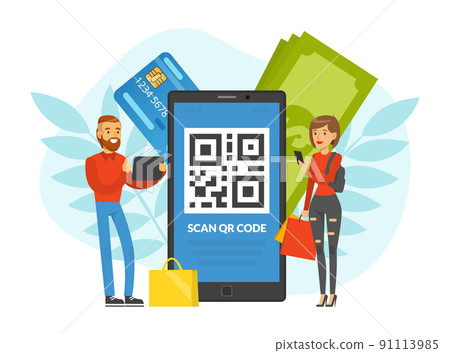 Happy Man and Woman Character Doing Online Shopping with Smartphone Scanning QR Code Vector Illustration Happy Man and Woman Character Doing Online Shopping with Smartphone Scanning QR Code Vector Illustration 91113985