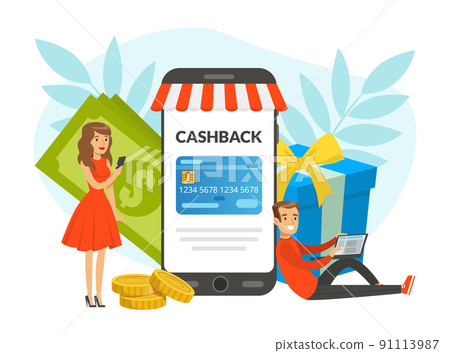 Happy Man and Woman Character Doing Shopping and Receiving Cashback with Smartphone App Vector Illustration Happy Man and Woman Character Doing Shopping and Receiving Cashback with Smartphone App Vector Illustration 91113987