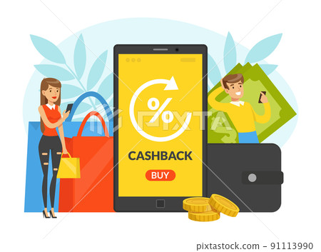 Happy Man and Woman Character Doing Shopping and Receiving Cashback with Smartphone App Vector Illustration Happy Man and Woman Character Doing Shopping and Receiving Cashback with Smartphone App Vector Illustration 91113990