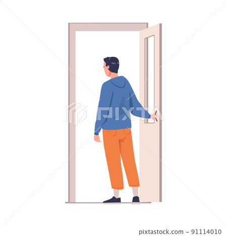 Man Character at Open Door Leaving Home Going Out Vector Illustration Man Character at Open Door Leaving Home Going Out Vector Illustration 91114010