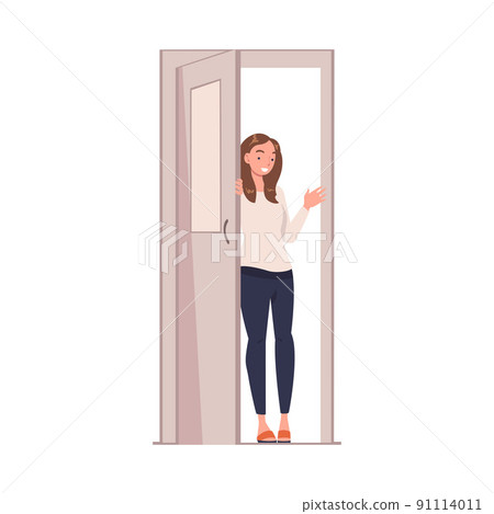 Woman Character at the Door Opening It Entering Home Vector Illustration 91114011