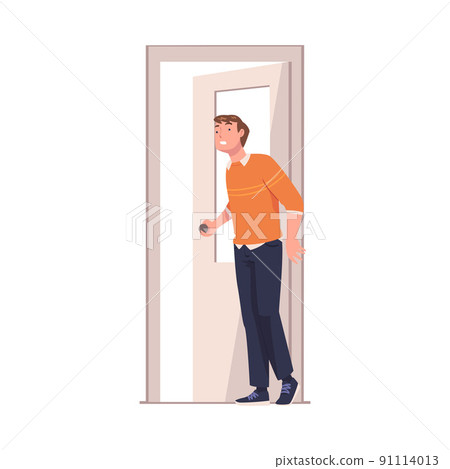 Man Character at Open Door Leaving Home Going Out Vector Illustration Man Character at Open Door Leaving Home Going Out Vector Illustration 91114013