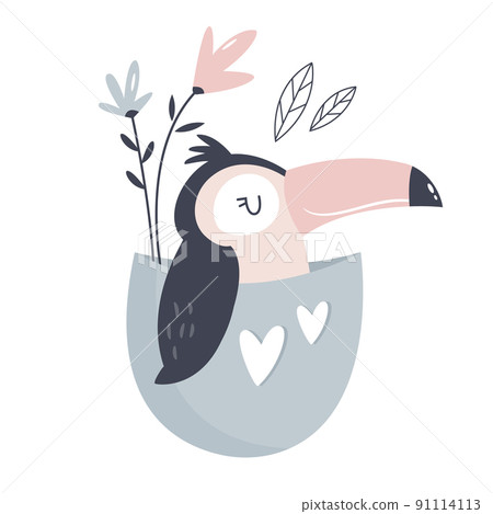 Vector illustration of a cute toucan sitting in a little pocket 91114113