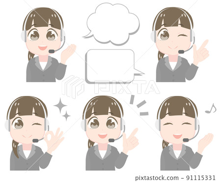 Pose set for the upper body of a woman wearing a headset and wearing a suit Pose set for the upper body of a woman wearing a headset and wearing a suit 91115331