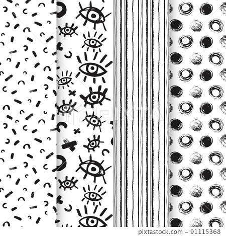 Black and white seamless patterns with ink brush and marker. Hand drawn shapes, marks and lines Black and white seamless patterns with ink brush and marker. Hand drawn shapes, marks and lines 91115368