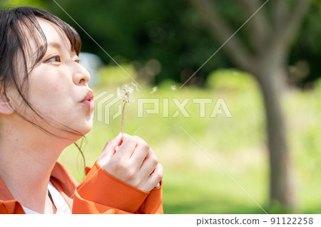 Young woman blowing dandelion fluff in the park 91122258