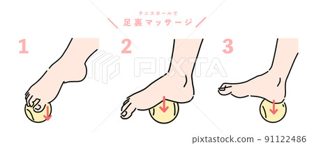 Stretching to stimulate the soles of the feet with a tennis ball and increase the strength of the toes Stretching to stimulate the soles of the feet with a tennis ball and increase the strength of the toes 91122486