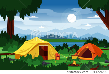 Summer Camp Tent Outdoor Lake Nature Adventure Holiday Summer Camp Tent Outdoor Lake Nature Adventure Holiday 91122653