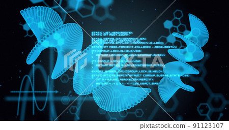 Image of dna strand and data processing on black background Image of dna strand and data processing on black background 91123107