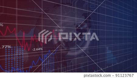 Image of financial data and graphs over rotating globe 91123767