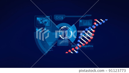 Image of digital interface with data processing and spinning dna strand over dark background 91123773