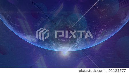 Image of neon triangles spinning over earth globe and outer space 91123777