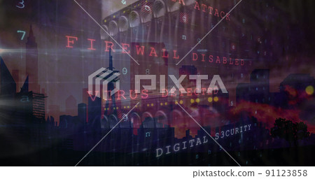 Image of cyber attack warning over cityscape and server room 91123858