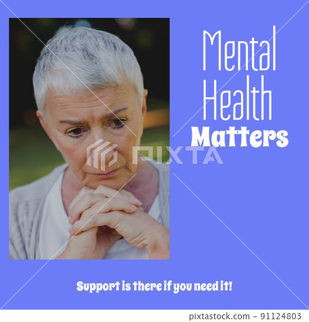 Close-up of worried senior caucasian woman looking away with mental health matters text, copy space 91124803