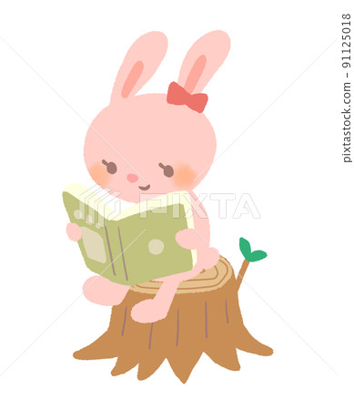 A fairy tale illustration of a rabbit reading a book on a stump A fairy tale illustration of a rabbit reading a book on a stump 91125018