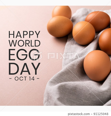 Composite of brown eggs with napkin and happy world egg day with oct 14th text on pink background Composite of brown eggs with napkin and happy world egg day with oct 14th text on pink background 91125048