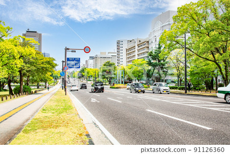 It is a bright and sunny view of Peace Boulevard. We are looking toward Peace Park from Nishiheiwa Bridge East. Hiroshima 91126360