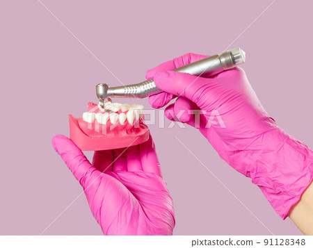 Dental instruments for teeth dental care on blue background 91128348