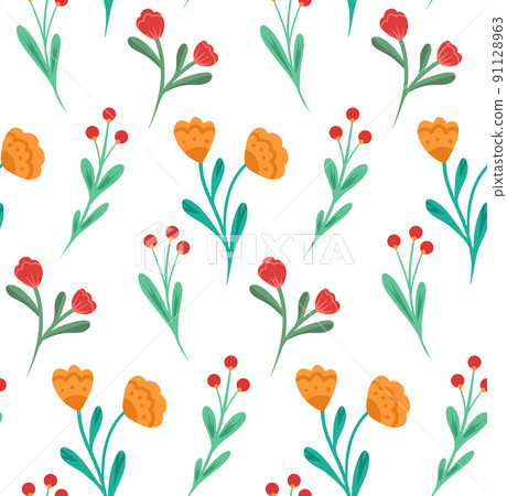 Vector simple ditsy pattern. Natural texture with small flowers, stems and berries on white background. Floral swatch fabric. 91128963