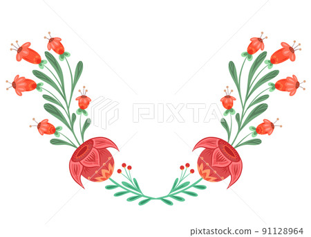 Vector traditional wreath of tulips and bluebells with folk art. Floral frame with ornaments for invitations. Natural border 91128964