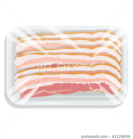 Sliced bacon in a plastic tray. Vacuum packed pork. Vector illustration. 91129099