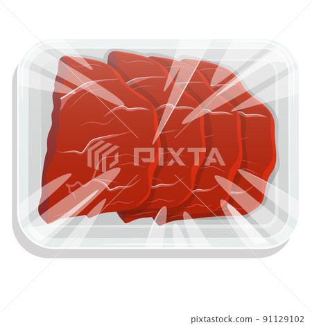 Fresh meat. Steak. A piece of meat in a vacuum pack. Pork and beef in a plastic tray. Vector illustration. Fresh meat. Steak. A piece of meat in a vacuum pack. Pork and beef in a plastic tray. Vector illustration. 91129102