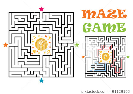 Square maze labyrinth game for kids. Labyrinth logic conundrum with golden coin. Four entrance and one right way to go. Vector flat illustration Square maze labyrinth game for kids. Labyrinth logic conundrum with golden coin. Four entrance and one right way to go. Vector flat illustration 91129103