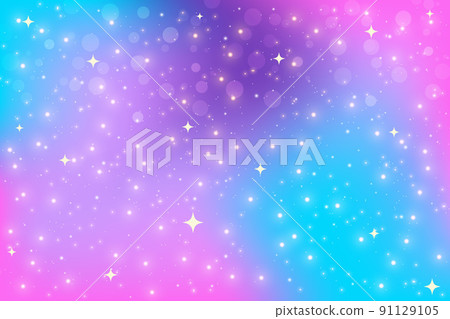 Fantasy background. Bright multicolored sky with stars and bokeh. Holographic illustration in violet and pink colors. Cute cartoon girly wallpaper. Vector. 91129105