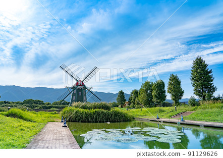 Kaizu City, Gifu Prefecture Onibus Pond at Kiso Mikawa Aqua World Mizugo Park Center in early autumn with a Dutch windmill 91129626