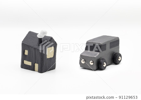 Black miniature house and miniature car with chimney 91129653