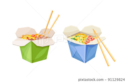 Wok noodles, take away boxes and chopsticks vector illustration 91129824