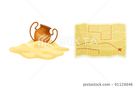 Ancient vase and archaeological map. Objects of archaeology vector illustration Ancient vase and archaeological map. Objects of archaeology vector illustration 91129846