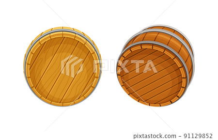 Wooden barrels set. Traditional oak casks for storing liquids, top view vector illustration Wooden barrels set. Traditional oak casks for storing liquids, top view vector illustration 91129852