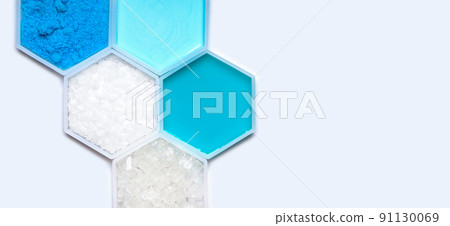 Chemical ingredient in hexagonal molecular shaped container. Copper (II) Sulfate, Hair Conditioner, Polyethylene, Shampoo Liquid and Sodium Thiosulfate. Top View 91130069