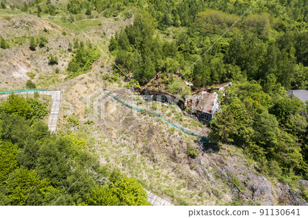 Aerial view of Toya Nishiyama foot crater (destroyed candy factory) 91130641
