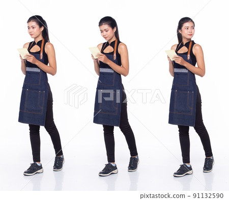 Full length 30s Asian Woman barista waitress menu, walking forward left right 91132590