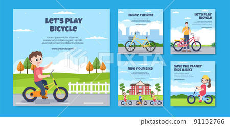 Lets Play Bicycle Social Media Post Template Flat Cartoon Background Vector Illustration 91132766