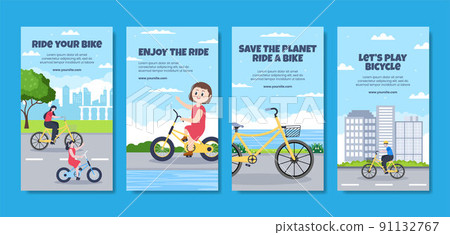 Lets Play Bicycle Social Media Stories Template Flat Cartoon Background Vector Illustration 91132767