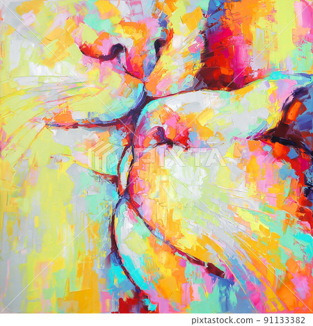 Kunik - oil painting. Conceptual abstract picture of kissing cats. Oil painting in colorful colors. Conceptual abstract closeup of an oil painting and palette knife on canvas. 91133382