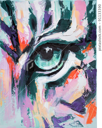 Symbol of the new 2022 Black Water Tiger. Beautiful wild tiger head portrait painting. Animal painting Big Eyes close up for decoration and interior, canvas art. 91133390