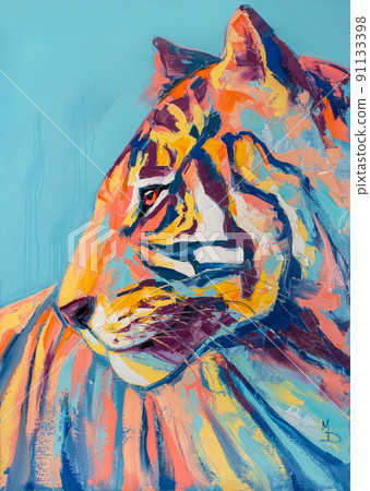 symbol of the new 2022 Black Water Tiger. Beautiful wild tiger head portrait painting Illustration on a blue background. Animal painting for decoration and interior, canvas art. 91133398