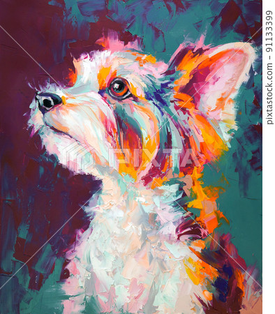 Oil dog portrait painting in multicolored tones. Conceptual abstract painting of a french bulldog muzzle. Closeup of a painting by oil and palette knife on canvas. Oil dog portrait painting in multicolored tones. Conceptual abstract painting of a french bulldog muzzle. Closeup of a painting by oil and palette knife on canvas. 91133399