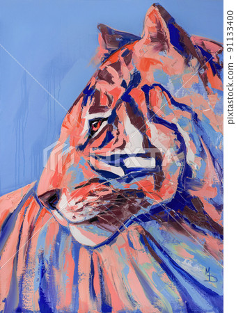 symbol of the new 2022 Black Water Tiger. Beautiful wild tiger head portrait painting Illustration on a blue background. Animal painting for decoration and interior, canvas art. symbol of the new 2022 Black Water Tiger. Beautiful wild tiger head portrait painting Illustration on a blue background. Animal painting for decoration and interior, canvas art. 91133400