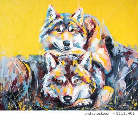 Oil wolf portrait painting in multicolored tones. 91133401