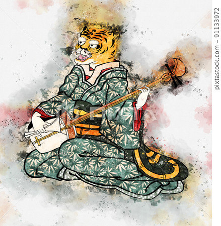 Watercolor version of the tiger playing the shamisen 91133972